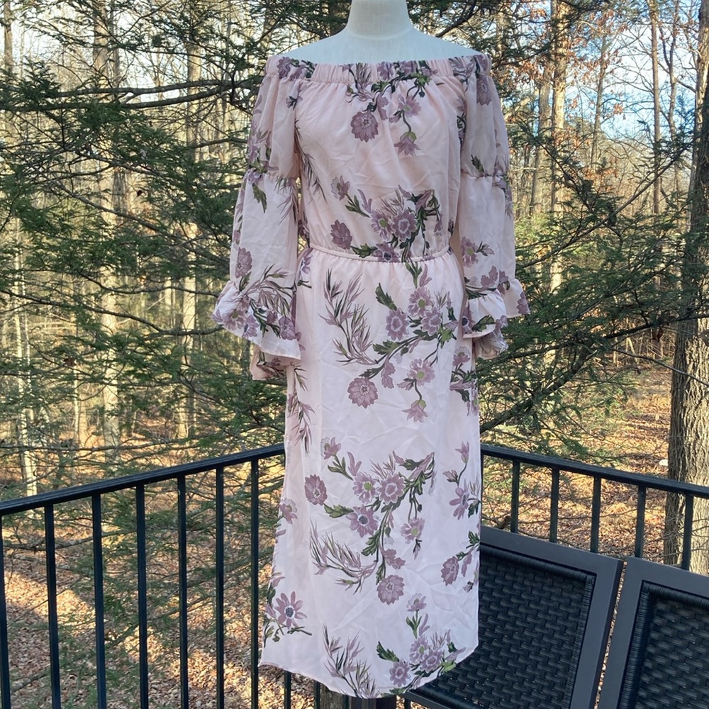 blush pink floral dress hangs off shoulders and slits on the sides sz. L